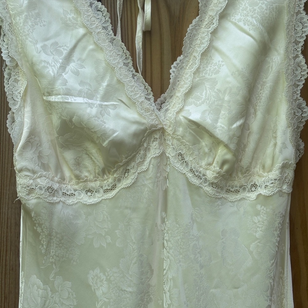 Ivory Satin Slip Dress Womens M Lace Trim Midi Minimalist Model Off Duty Chic - Picture 4 of 7